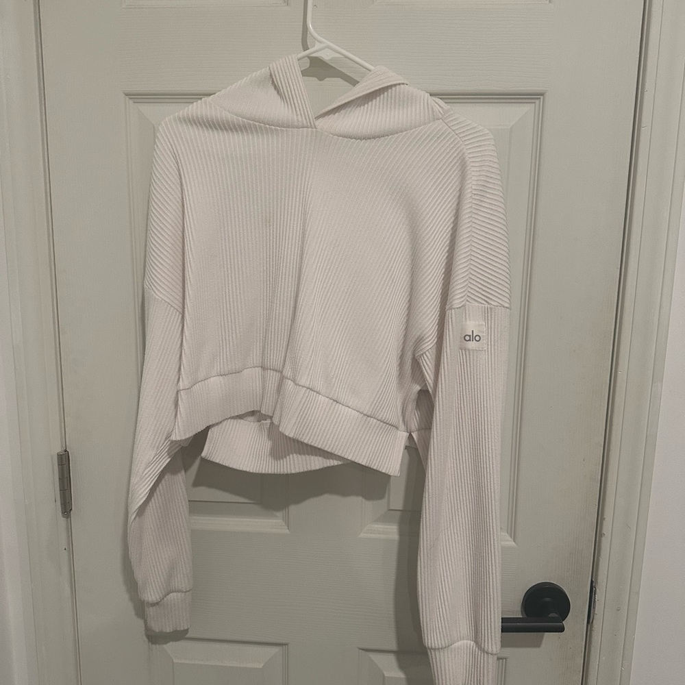 ALO Yoga Muse Women's Off-White Ribbed Cropped Hoodie